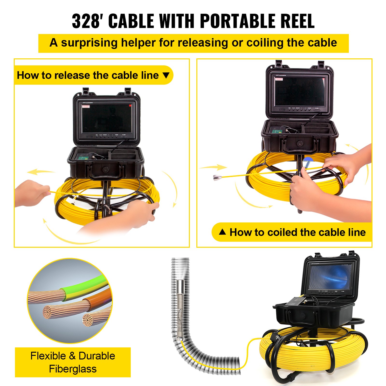 VEVOR Sewer Camera, 328ft/100m Cable, Waterproof IP68 Sewer Video Inspection Equipment, Drain Camera with 16 GB SD Card, DVR Function, 720P 9\" LCD Monitor, LED Lights