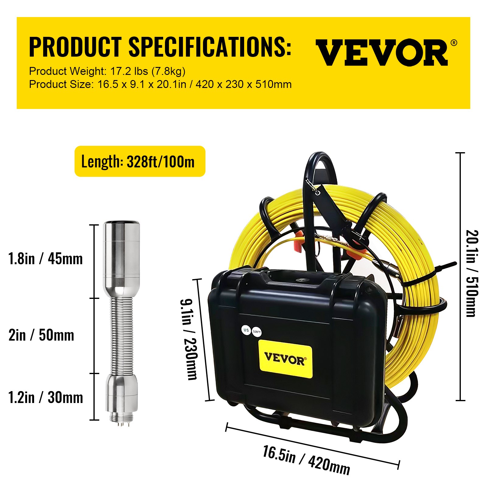VEVOR Sewer Camera, 328ft/100m Cable, Waterproof IP68 Sewer Video Inspection Equipment, Drain Camera with 16 GB SD Card, DVR Function, 720P 9\" LCD Monitor, LED Lights