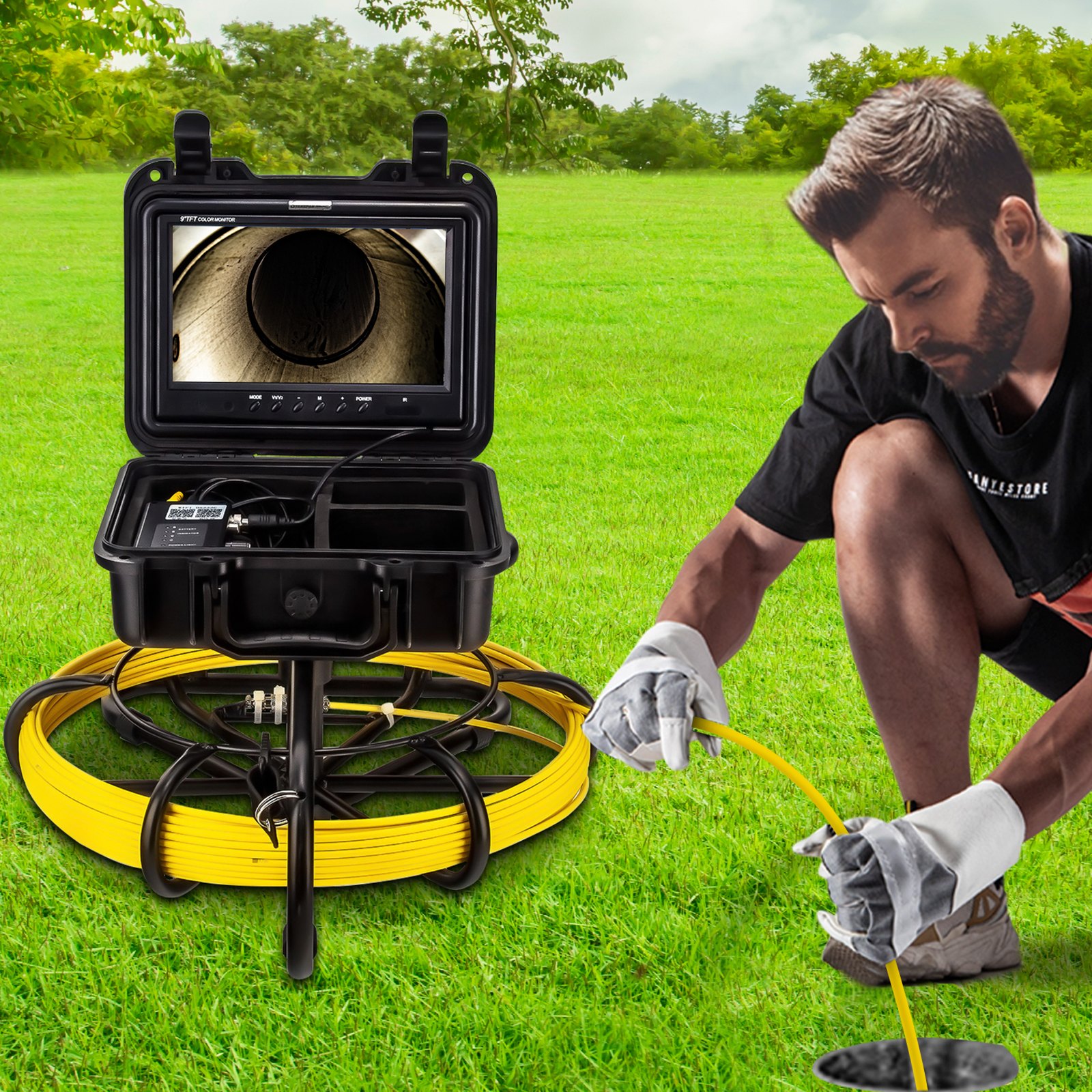 VEVOR Sewer Camera, 328ft/100m Cable, Waterproof IP68 Sewer Video Inspection Equipment, Drain Camera with 16 GB SD Card, DVR Function, 720P 9\" LCD Monitor, LED Lights