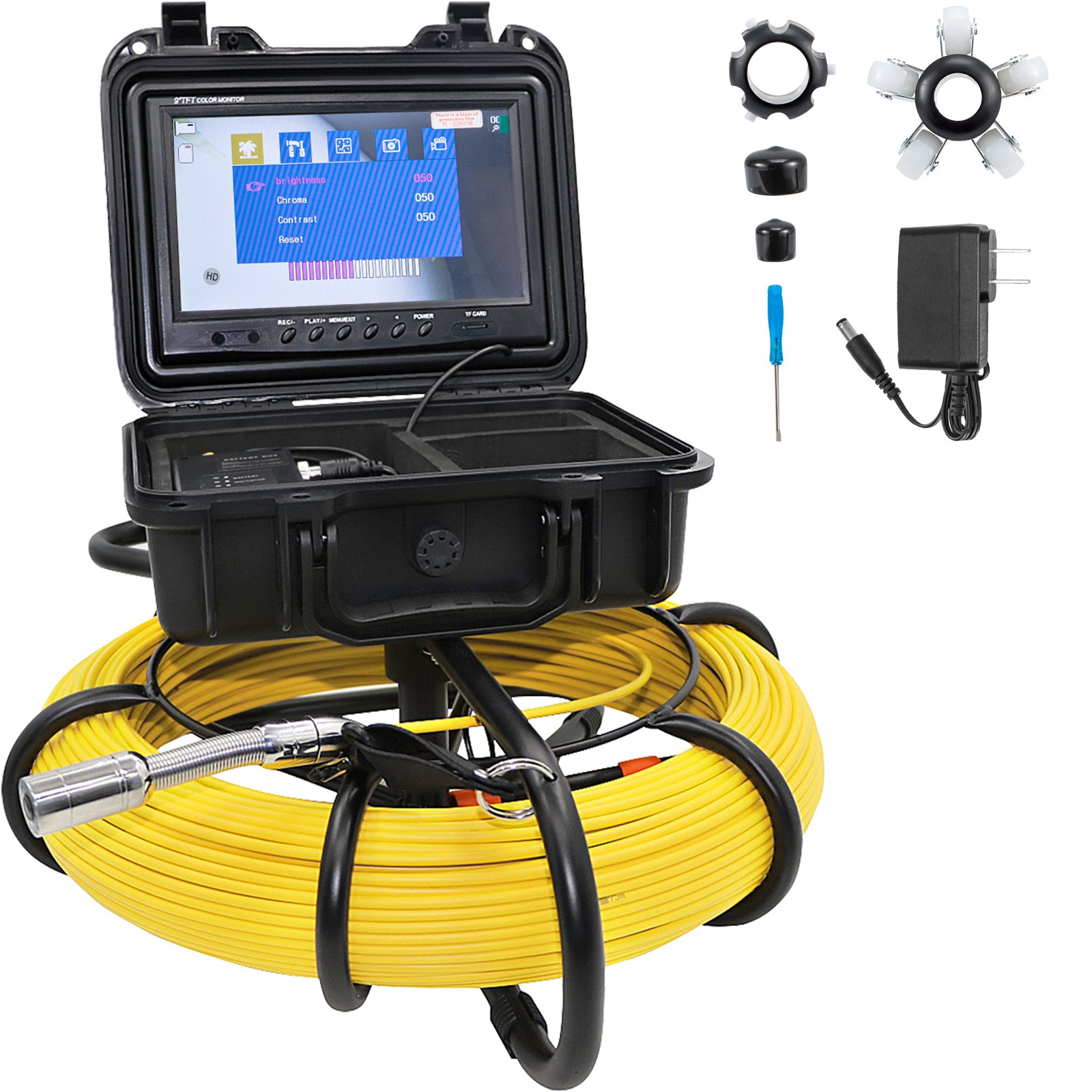 VEVOR Sewer Camera, 328ft/100m Cable, Waterproof IP68 Sewer Video Inspection Equipment, Drain Camera with 16 GB SD Card, DVR Function, 720P 9\" LCD Monitor, LED Lights