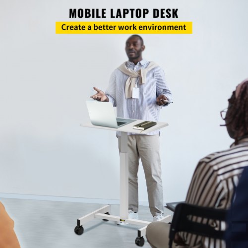 VEVOR Mobile Laptop Desk, 76 cm to 110 cm, Height Adjustable Rolling Laptop Desk w/ Gas Spring Riser, Swivel Casters and Hook, Home Office Computer Table for Standing or Sitting, White