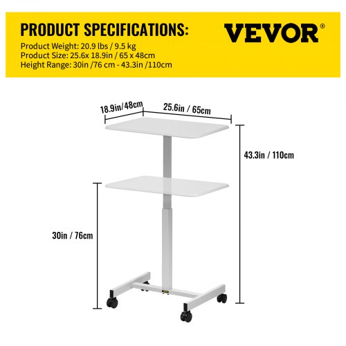 VEVOR Mobile Laptop Desk, 76 cm to 110 cm, Height Adjustable Rolling Laptop Desk w/ Gas Spring Riser, Swivel Casters and Hook, Home Office Computer Table for Standing or Sitting, White