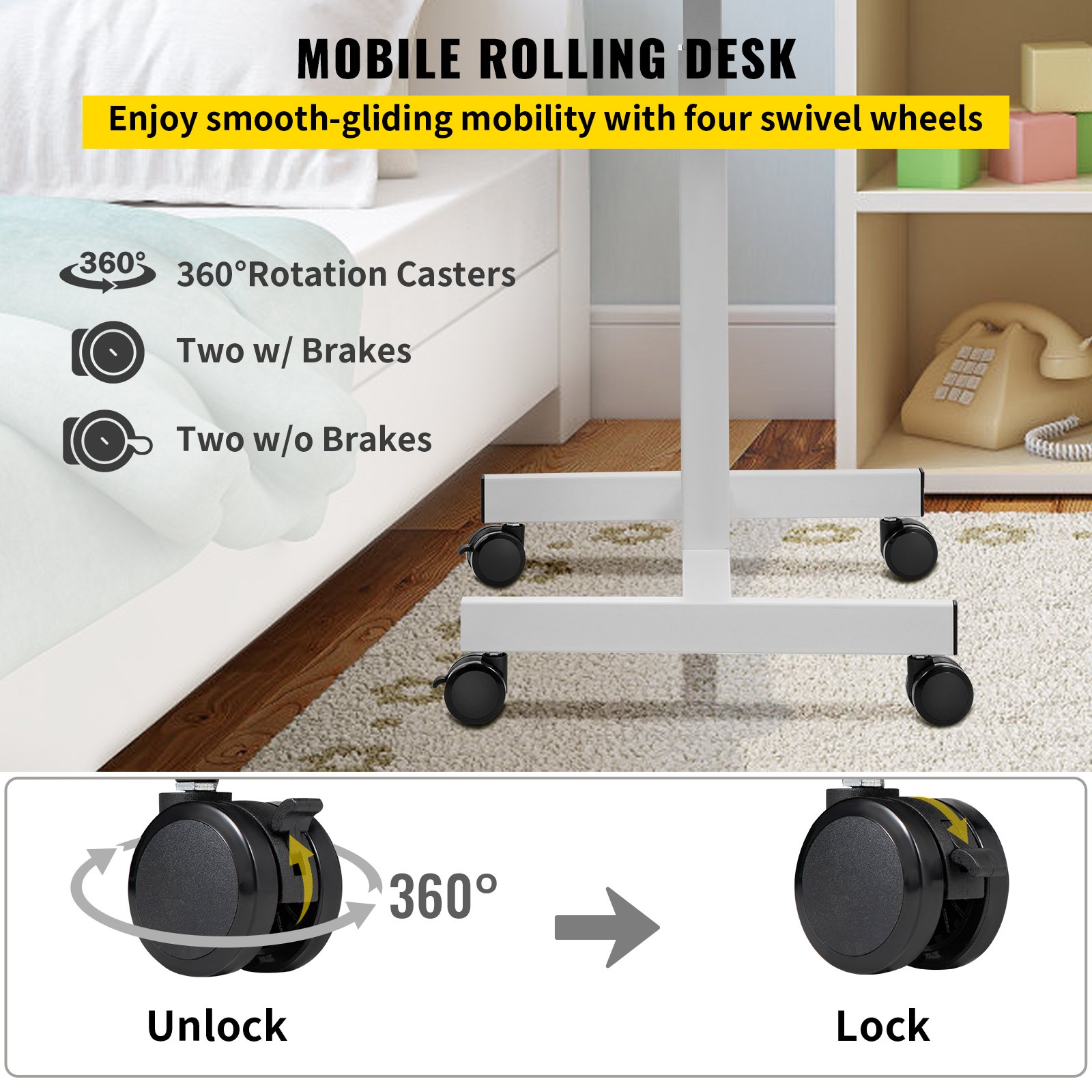 VEVOR Mobile Laptop Desk, 76 cm to 110 cm, Height Adjustable Rolling Laptop Desk w/ Gas Spring Riser, Swivel Casters and Hook, Home Office Computer Table for Standing or Sitting, White