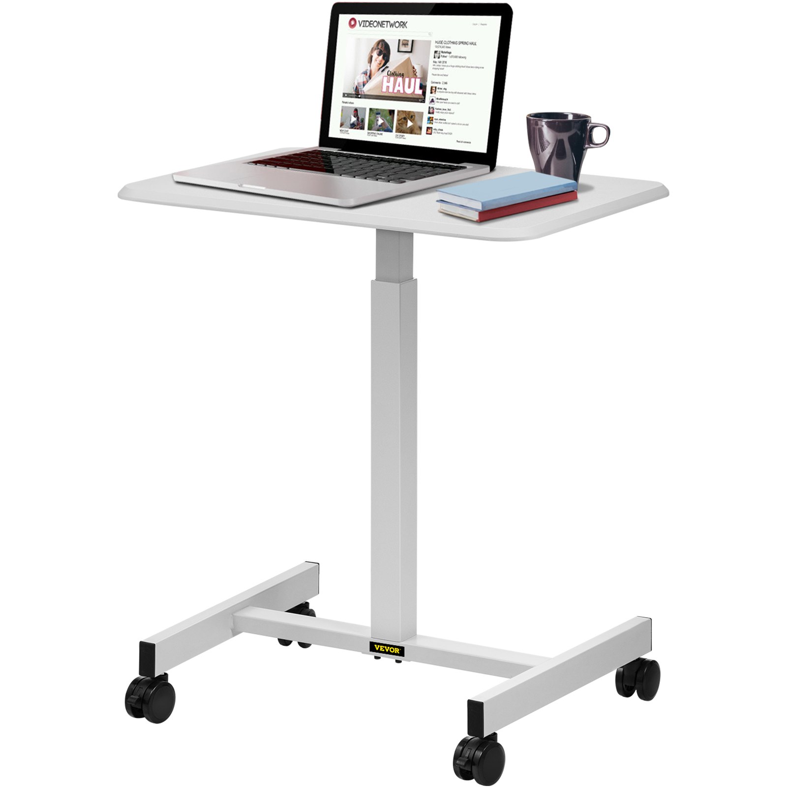 VEVOR Mobile Laptop Desk, 76 cm to 110 cm, Height Adjustable Rolling Laptop Desk w/ Gas Spring Riser, Swivel Casters and Hook, Home Office Computer Table for Standing or Sitting, White