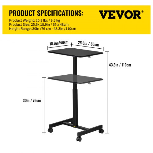 VEVOR Mobile Laptop Desk, 76 cm to 110 cm, Height Adjustable Rolling Laptop Desk w/ Gas Spring Riser, Swivel Casters and Hook, Home Office Computer Table for Standing or Sitting, Black