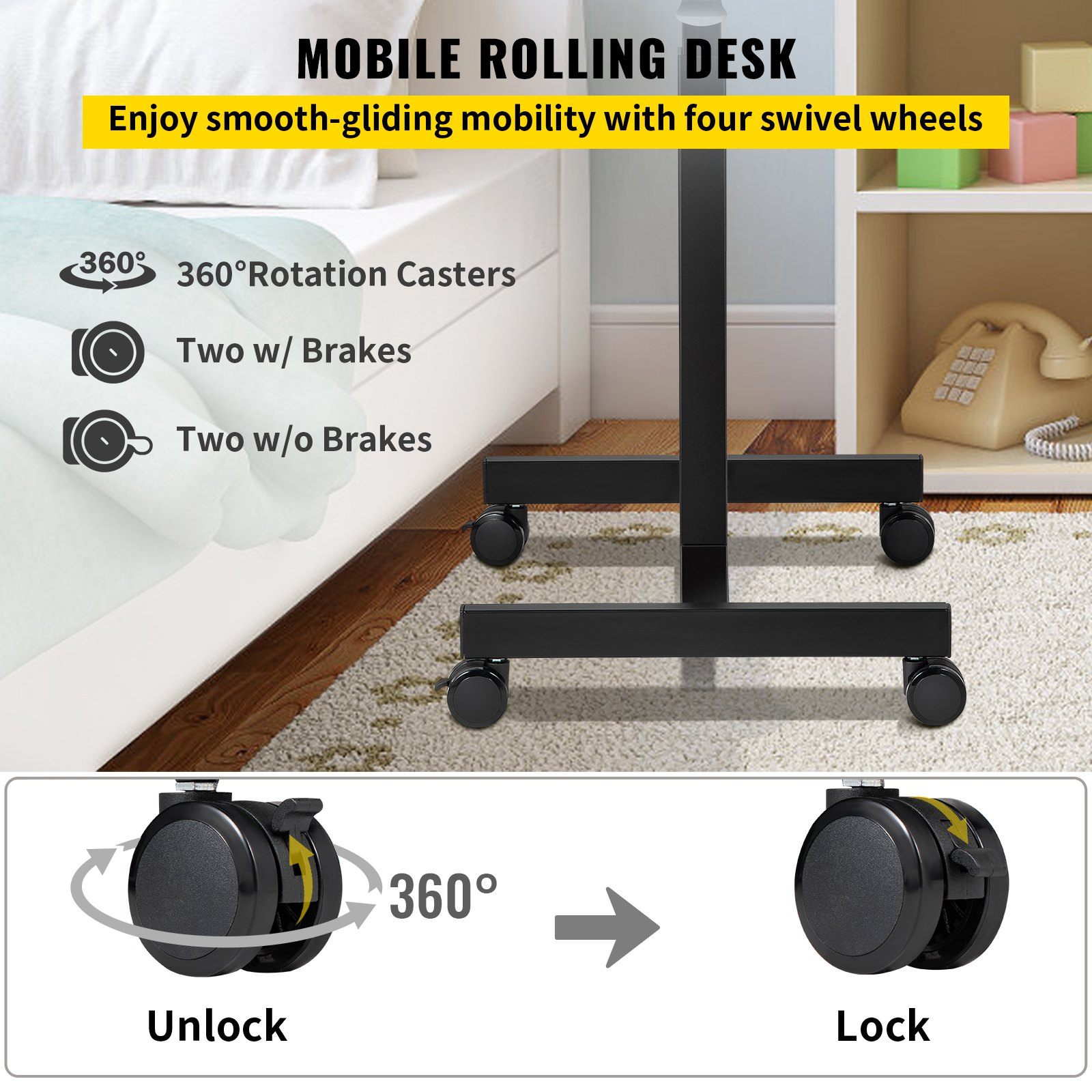 VEVOR Mobile Laptop Desk, 76 cm to 110 cm, Height Adjustable Rolling Laptop Desk w/ Gas Spring Riser, Swivel Casters and Hook, Home Office Computer Table for Standing or Sitting, Black