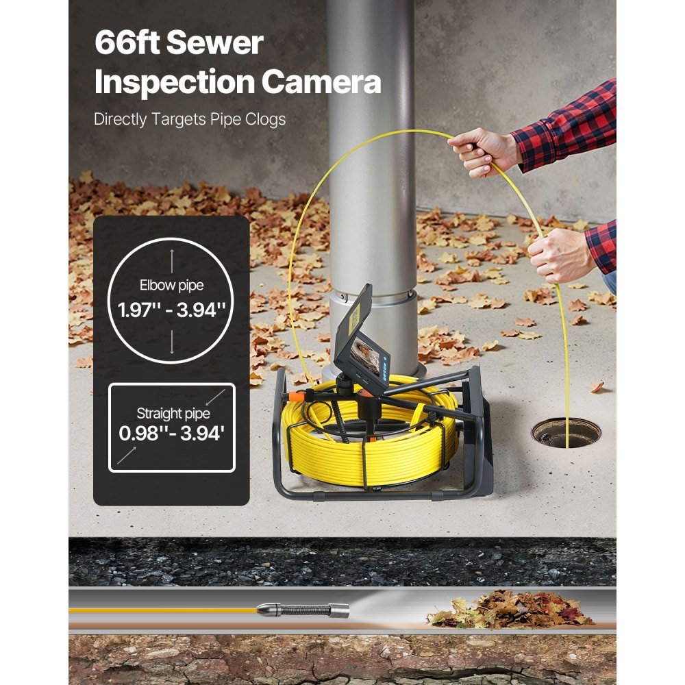 VEVOR Sewer Camera, 66ft/20M 4.3" Pipe Drain Inspection Camera with DVR Function & Snake Cable, Waterproof IP68 Borescope w/LED Lights, Industrial Endoscope for Home Wall Duct Drain Pipe Plumbing