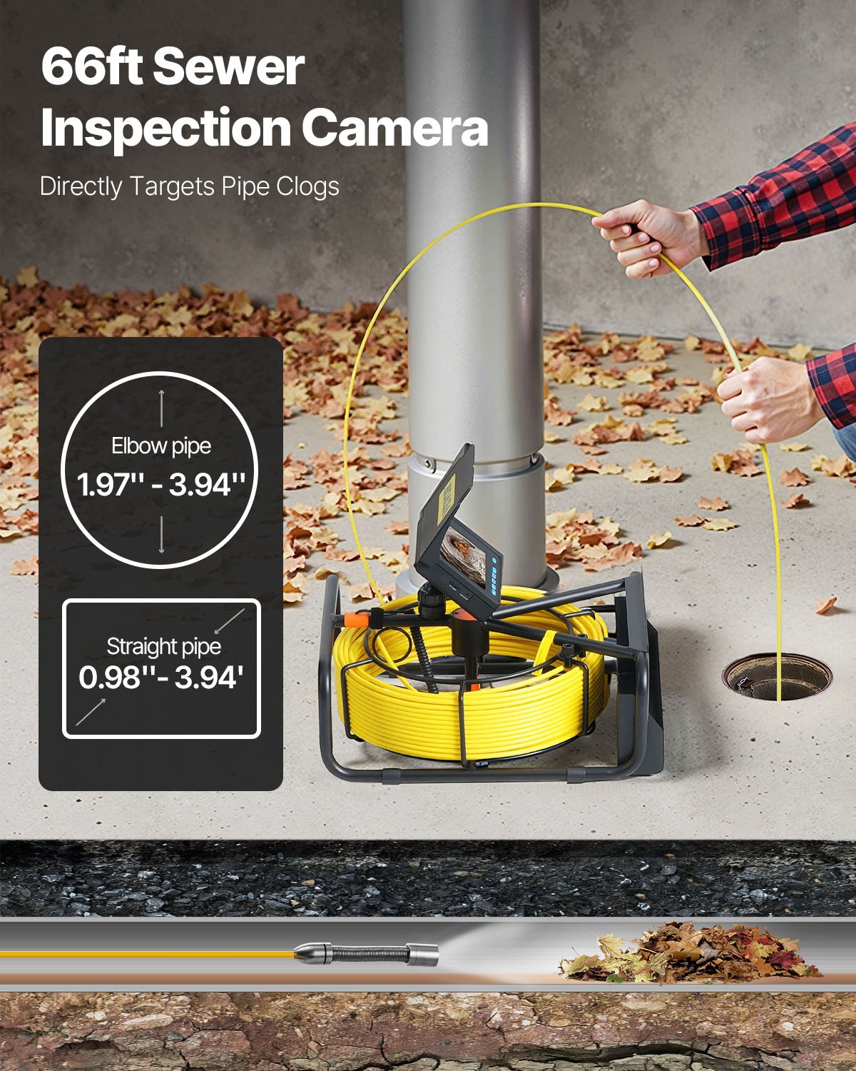 VEVOR Sewer Camera, 66ft/20M 4.3" Pipe Drain Inspection Camera with DVR Function & Snake Cable, Waterproof IP68 Borescope w/LED Lights, Industrial Endoscope for Home Wall Duct Drain Pipe Plumbing