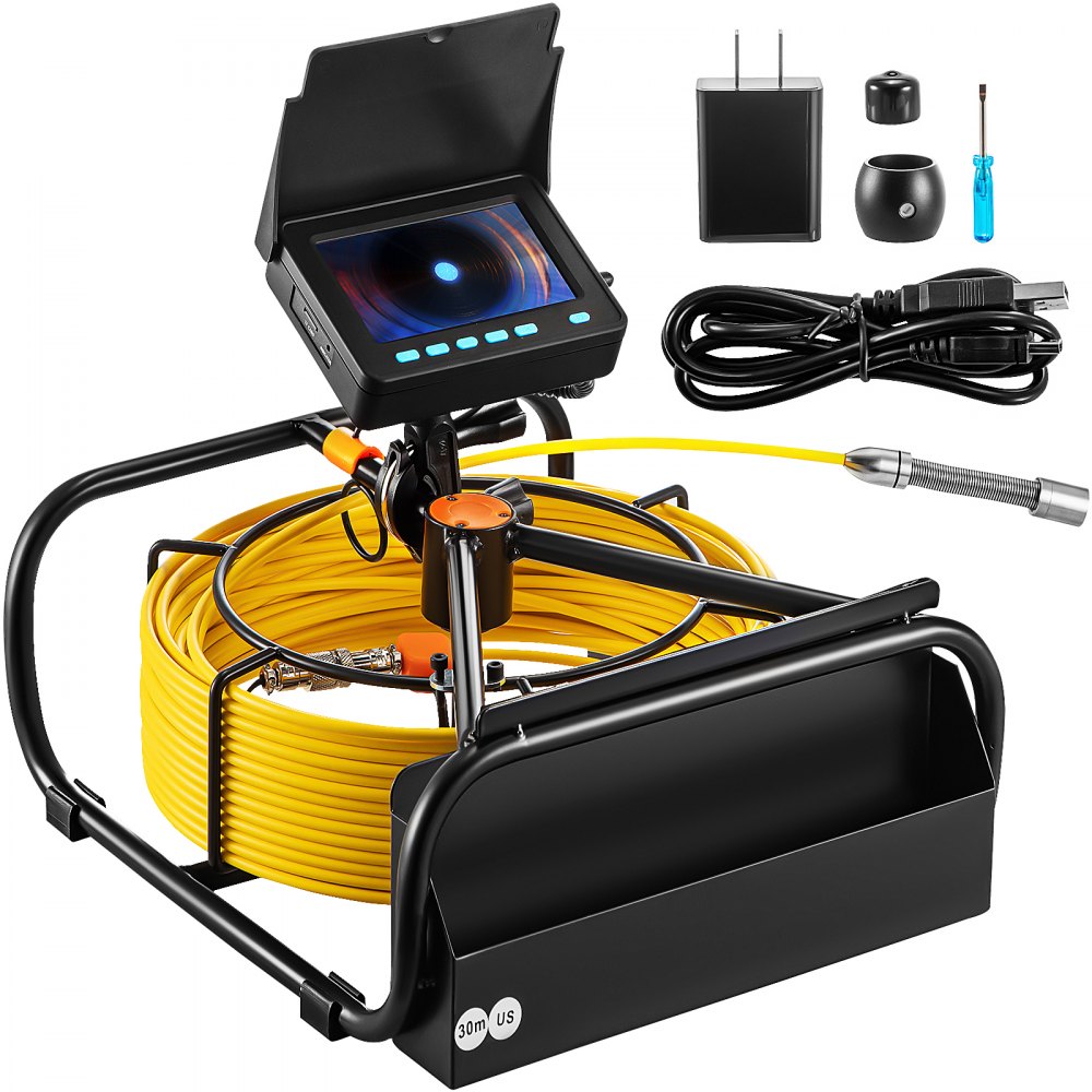 VEVOR sewer camera with screen, yellow cable, connectors, and accessories.