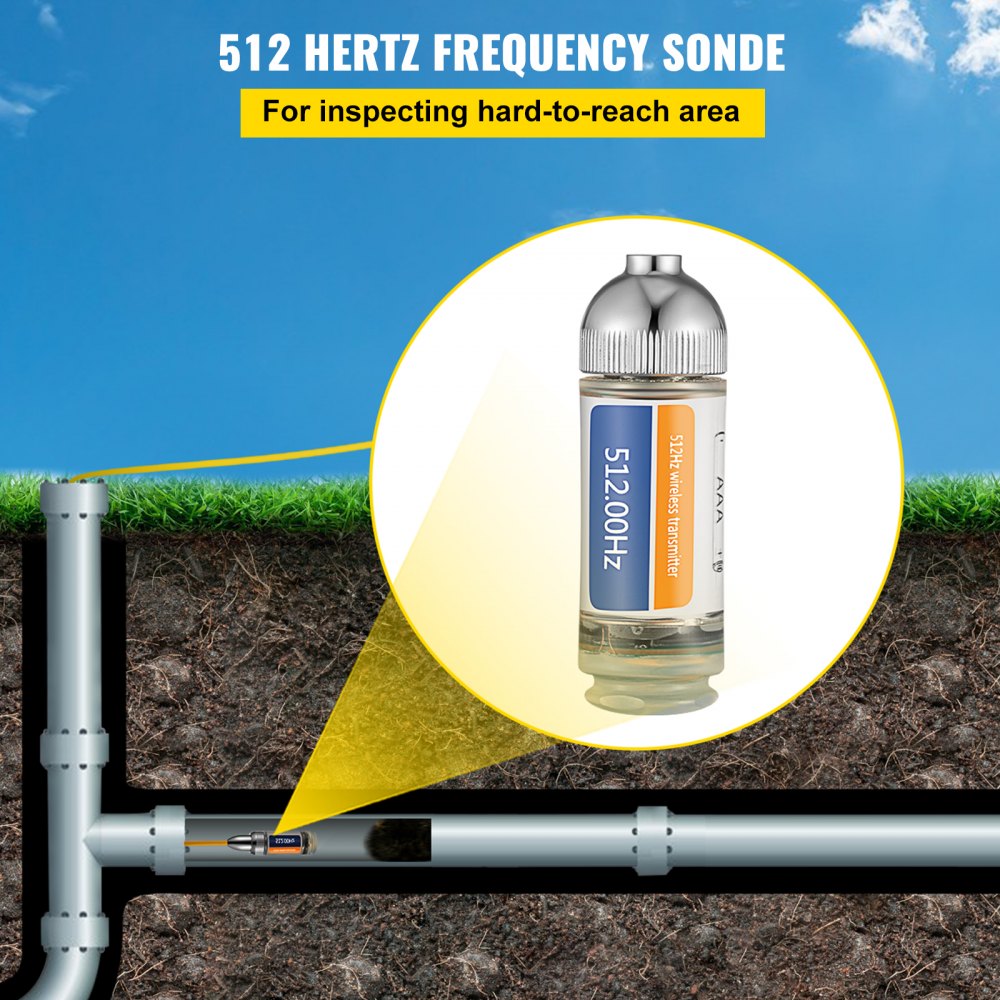 VEVOR 512HZ Sonde 8/5\" and 1/4-20\" Connectors Rigid Drain Locator for Locating & Detecting Small Sewer & Pipelines, Silver
