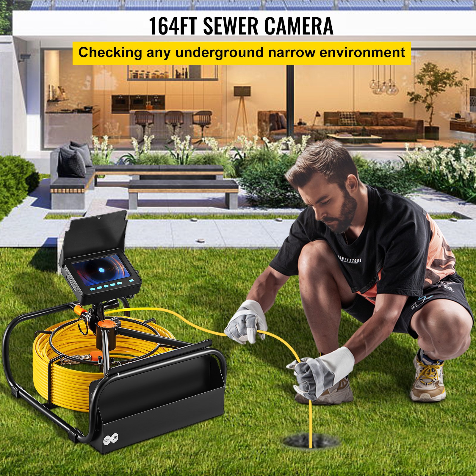 man using the VEVOR sewer camera in a backyard to inspect underground pipes.