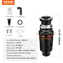 VEVOR Garbage Disposal 1/2 HP Continuous Food Waste Disposer 3820 RPM EZ Connect