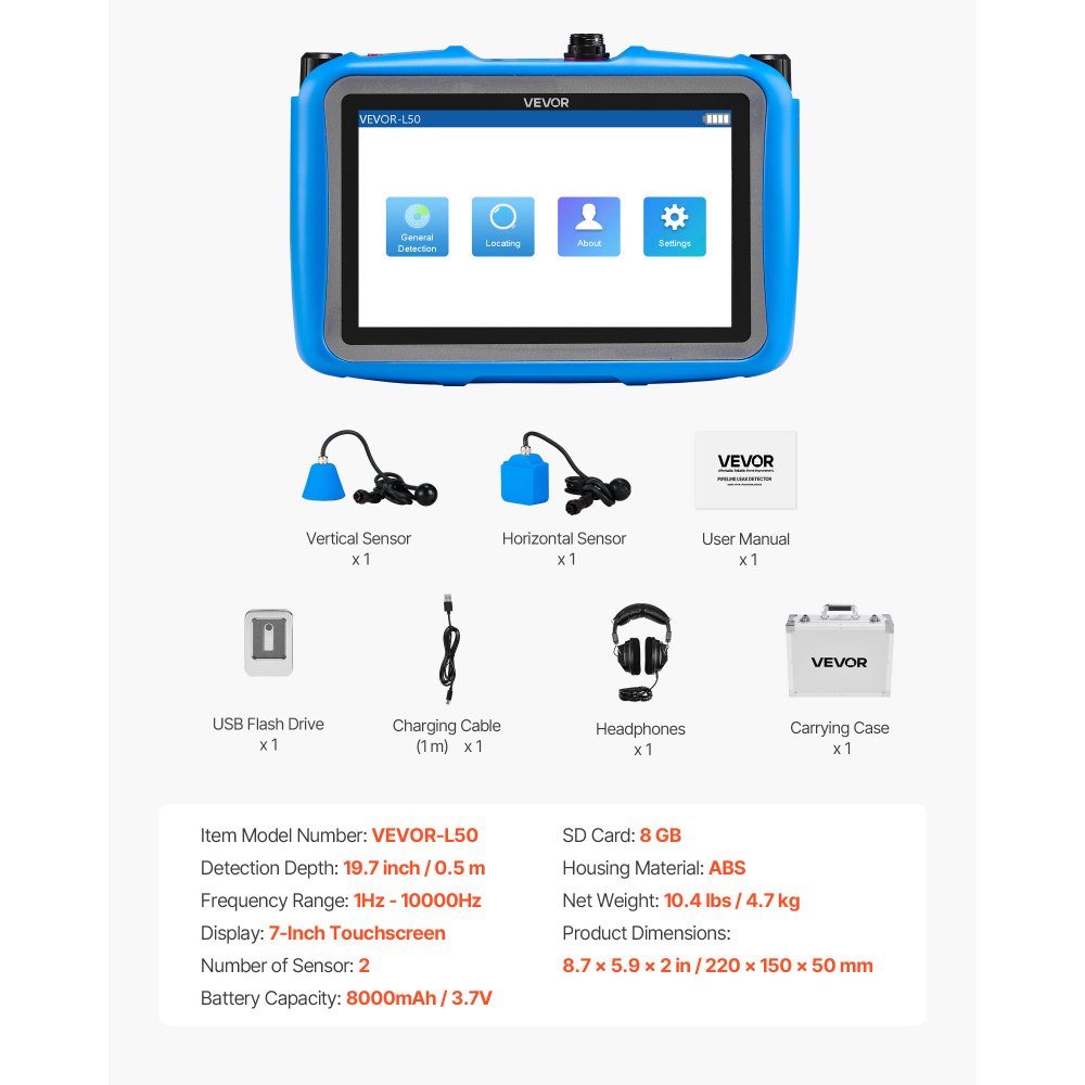 VEVOR Pipe Water Leak Detector for Indoors, 1Hz-10000Hz, 7" Touchscreen Plumbing Water Leakage Detection Locator with Horizontal & Vertical Sensors, Headphones, 8GB SD Card & Carry Case for Home Use