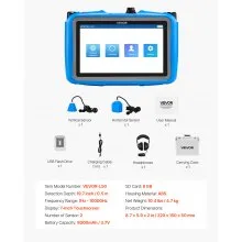 VEVOR Pipe Water Leak Detector for Indoors, 1Hz-10000Hz, 7" Touchscreen Plumbing Water Leakage Detection Locator with Horizontal & Vertical Sensors, Headphones, 8GB SD Card & Carry Case for Home Use