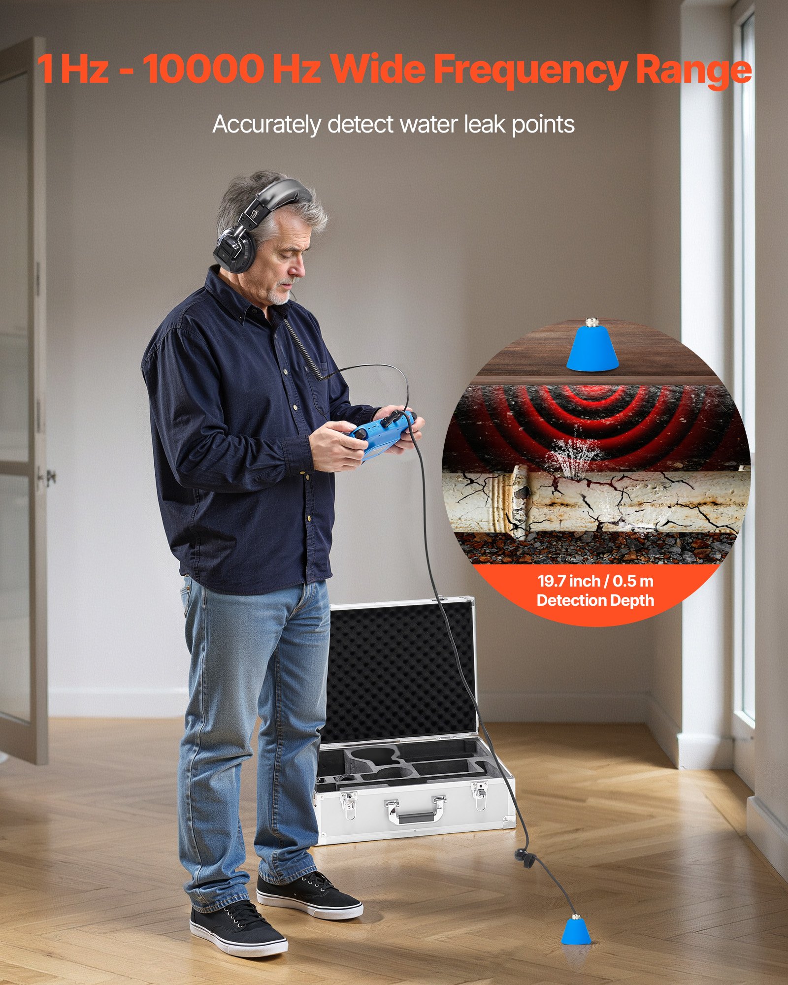 VEVOR Pipe Water Leak Detector for Indoors, 1Hz-10000Hz, 7" Touchscreen Plumbing Water Leakage Detection Locator with Horizontal & Vertical Sensors, Headphones, 8GB SD Card & Carry Case for Home Use