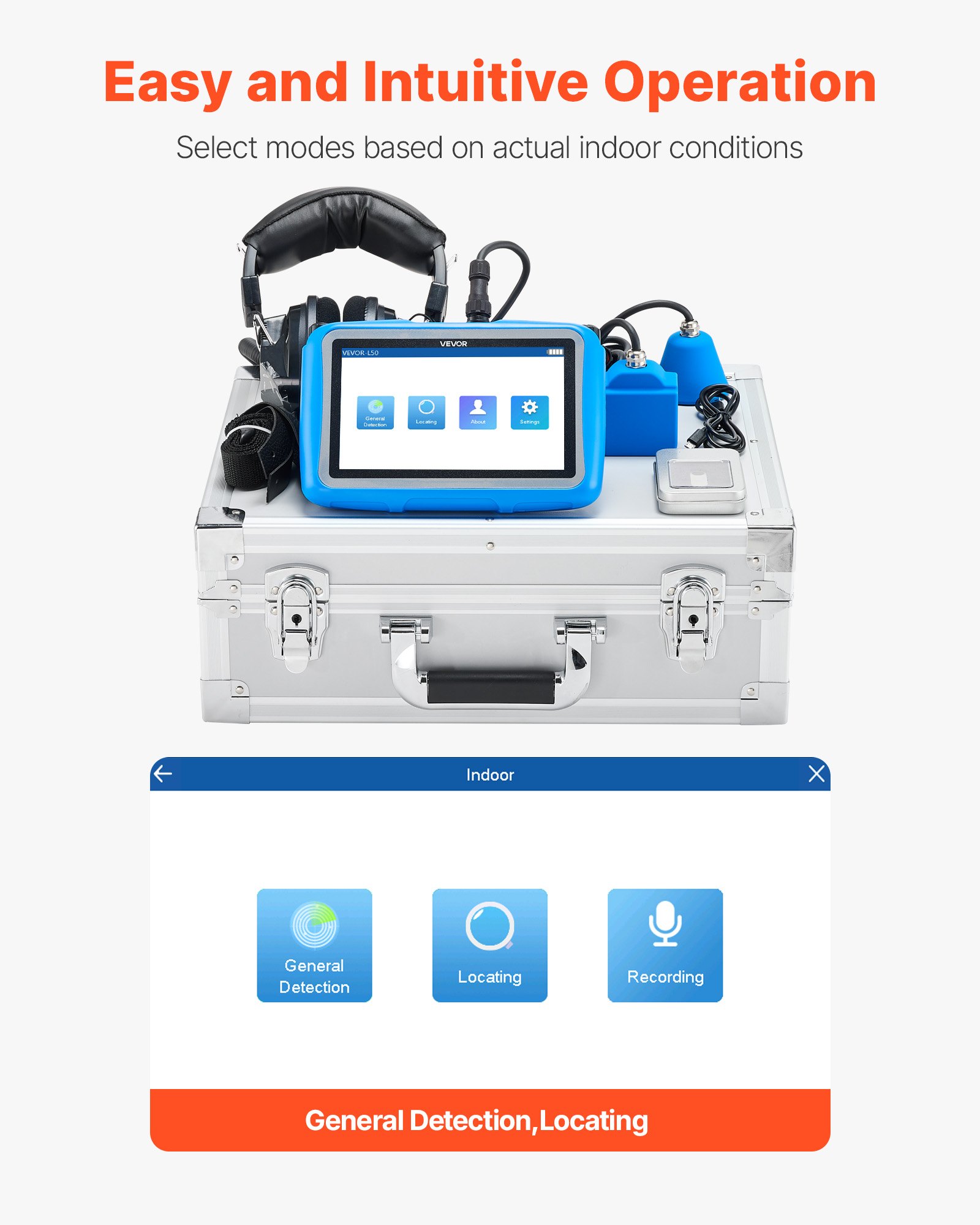 VEVOR Pipe Water Leak Detector for Indoors, 1Hz-10000Hz, 7" Touchscreen Plumbing Water Leakage Detection Locator with Horizontal & Vertical Sensors, Headphones, 8GB SD Card & Carry Case for Home Use