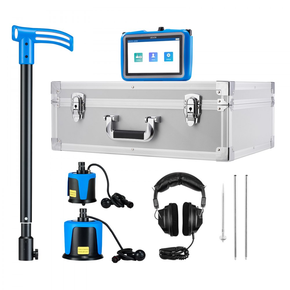 VEVOR Pipe Water Leak Detector for Outdoors, 1Hz-10000Hz, LCD Touchscreen Leakage Detection Locator for 5m Underground Plumbing - with Medium & Large Sensor, 3 Listening Rods, Headphone & Case