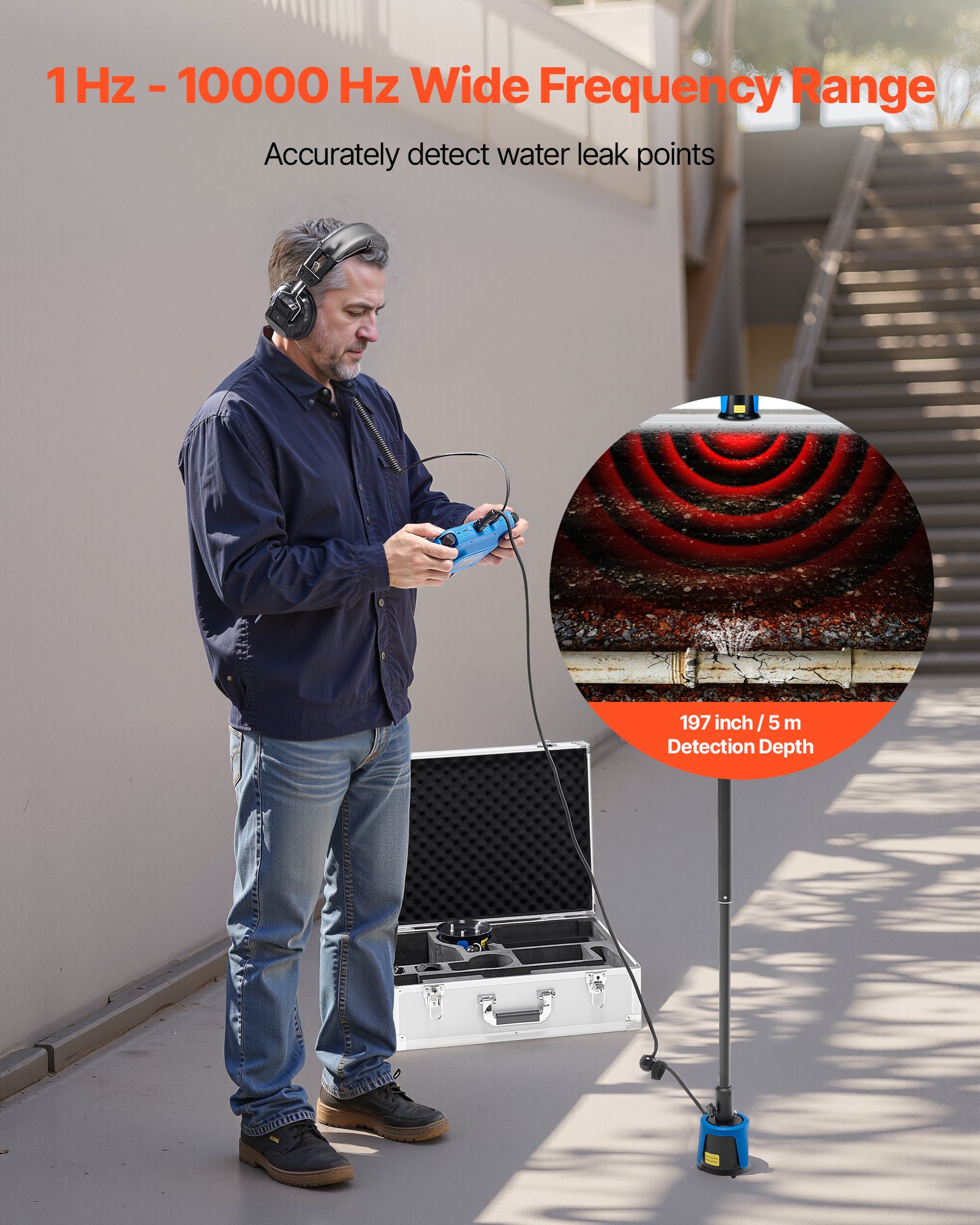 VEVOR Pipe Water Leak Detector for Outdoors, 1Hz-10000Hz, LCD Touchscreen Leakage Detection Locator for 5m Underground Plumbing - with Medium & Large Sensor, 3 Listening Rods, Headphone & Case