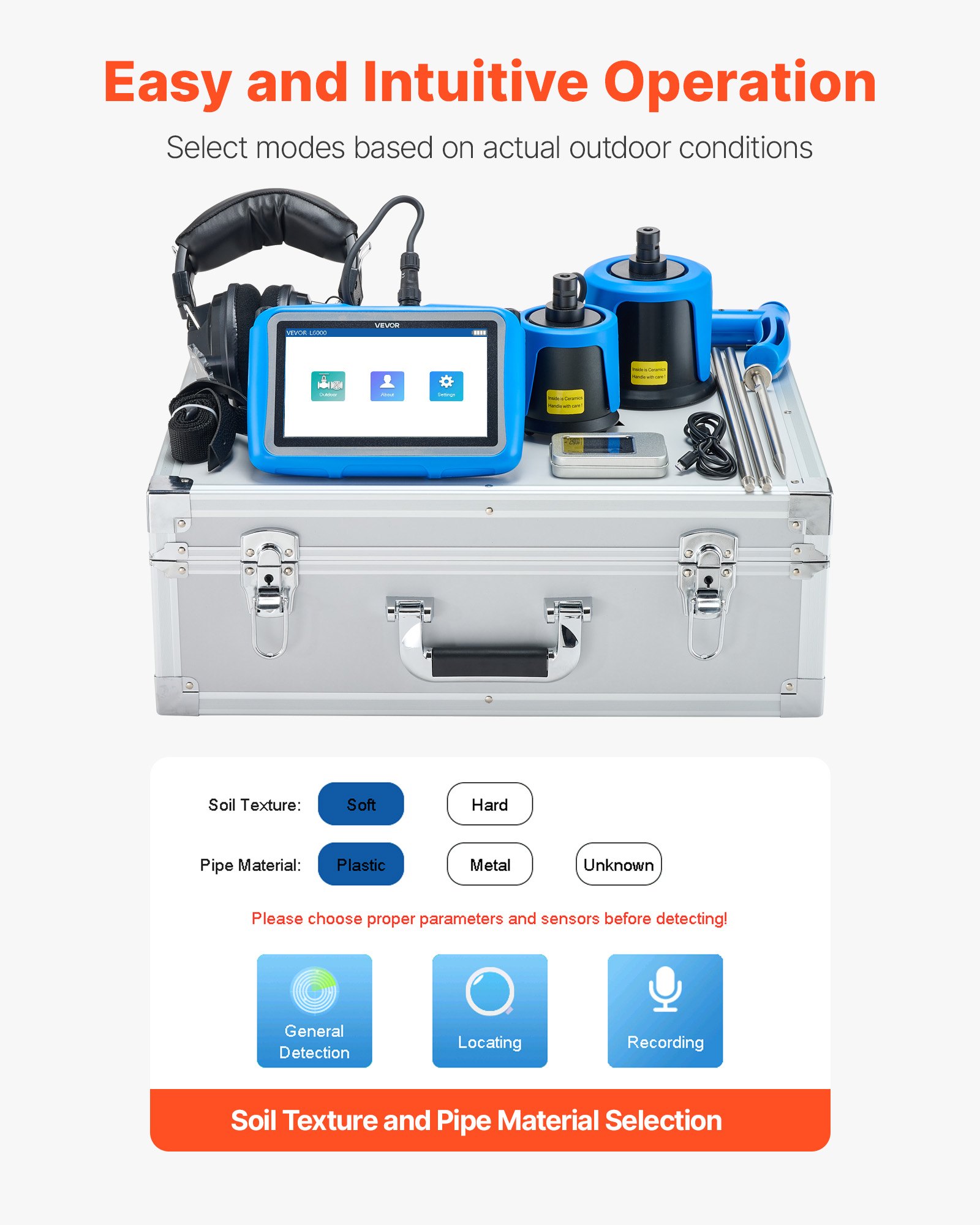 VEVOR Pipe Water Leak Detector for Outdoors, 1Hz-10000Hz, LCD Touchscreen Leakage Detection Locator for 5m Underground Plumbing - with Medium & Large Sensor, 3 Listening Rods, Headphone & Case