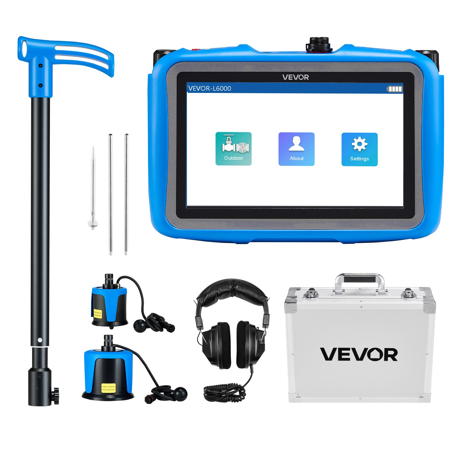 VEVOR Pipe Water Leak Detector for Outdoors, 1Hz-10000Hz, LCD Touchscreen Leakage Detection Locator for 5m Underground Plumbing - with Medium & Large Sensor, 3 Listening Rods, Headphone & Case