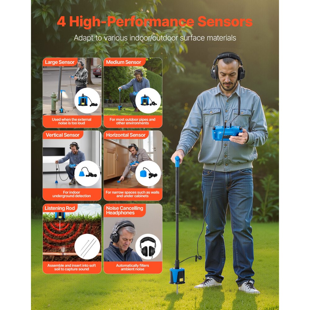 VEVOR Pipe Water Leak Detector with 4 Sensors, 1Hz-10000Hz, LCD Touchscreen Underground Plumbing Leakage Detection Locator with 3 Listening Rods, Headphones, 8GB Card & Carry Case for Indoors Outdoors