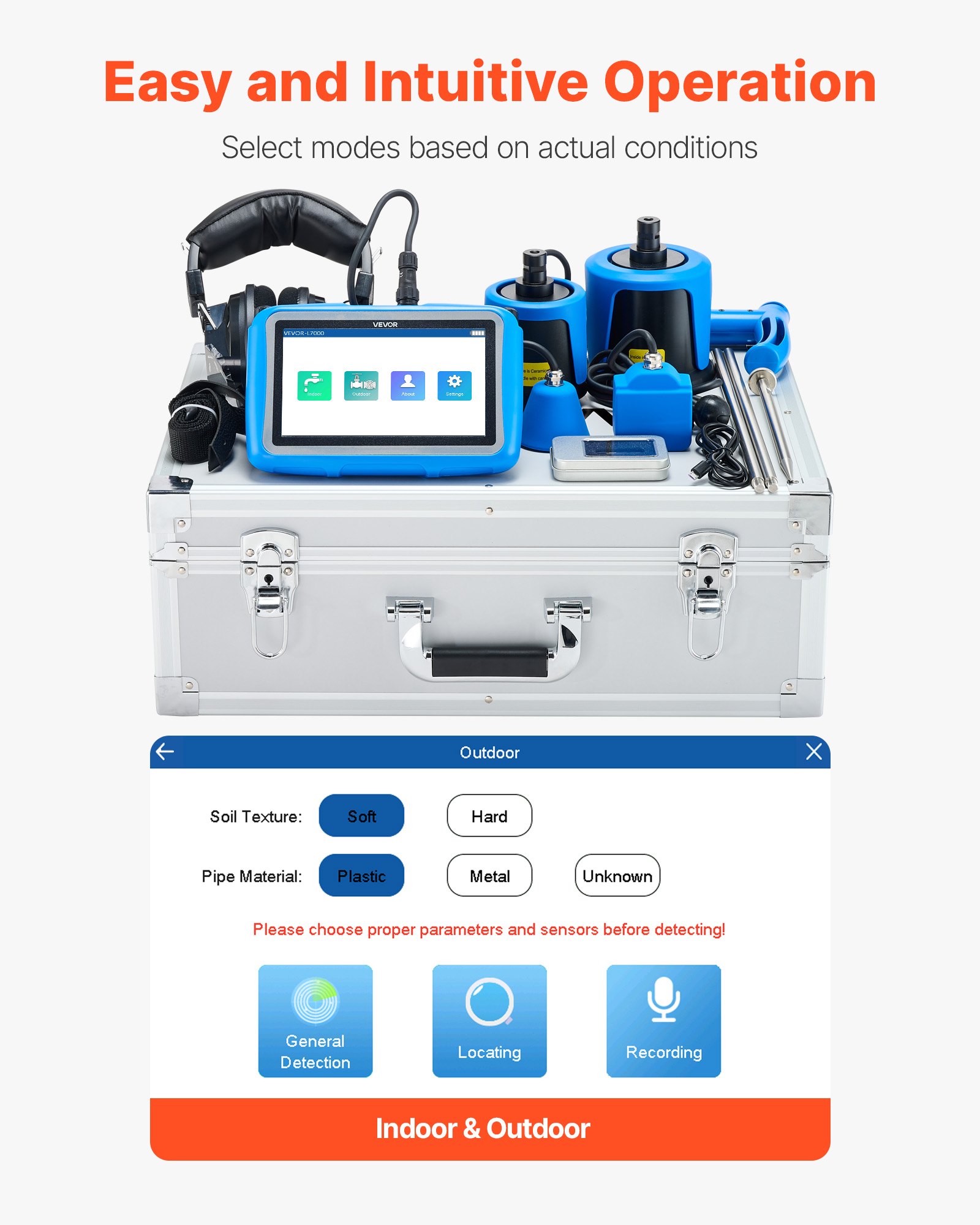 VEVOR Pipe Water Leak Detector with 4 Sensors, 1Hz-10000Hz, LCD Touchscreen Underground Plumbing Leakage Detection Locator with 3 Listening Rods, Headphones, 8GB Card & Carry Case for Indoors Outdoors