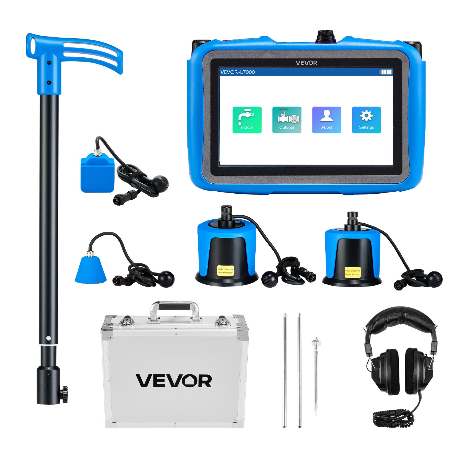 VEVOR Pipe Water Leak Detector with 4 Sensors, 1Hz-10000Hz, LCD Touchscreen Underground Plumbing Leakage Detection Locator with 3 Listening Rods, Headphones, 8GB Card & Carry Case for Indoors Outdoors