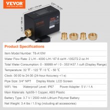 VEVOR Smart Water Monitor and Automatic Shutoff Detector, Home Water Leak Detector 2.0-4000 L/H Measure Range 6 Modes
