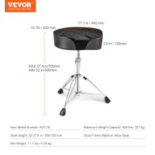 VEVOR Saddle Drum Throne, 22-27.8 in / 560-705 mm Height Adjustable, Padded Drum Stool Seat with Anti-Slip Feet 5A Drumsticks 500 lbs / 227 kg Max Weight Capacity, 360° Swivel Drum Chair for Drummers