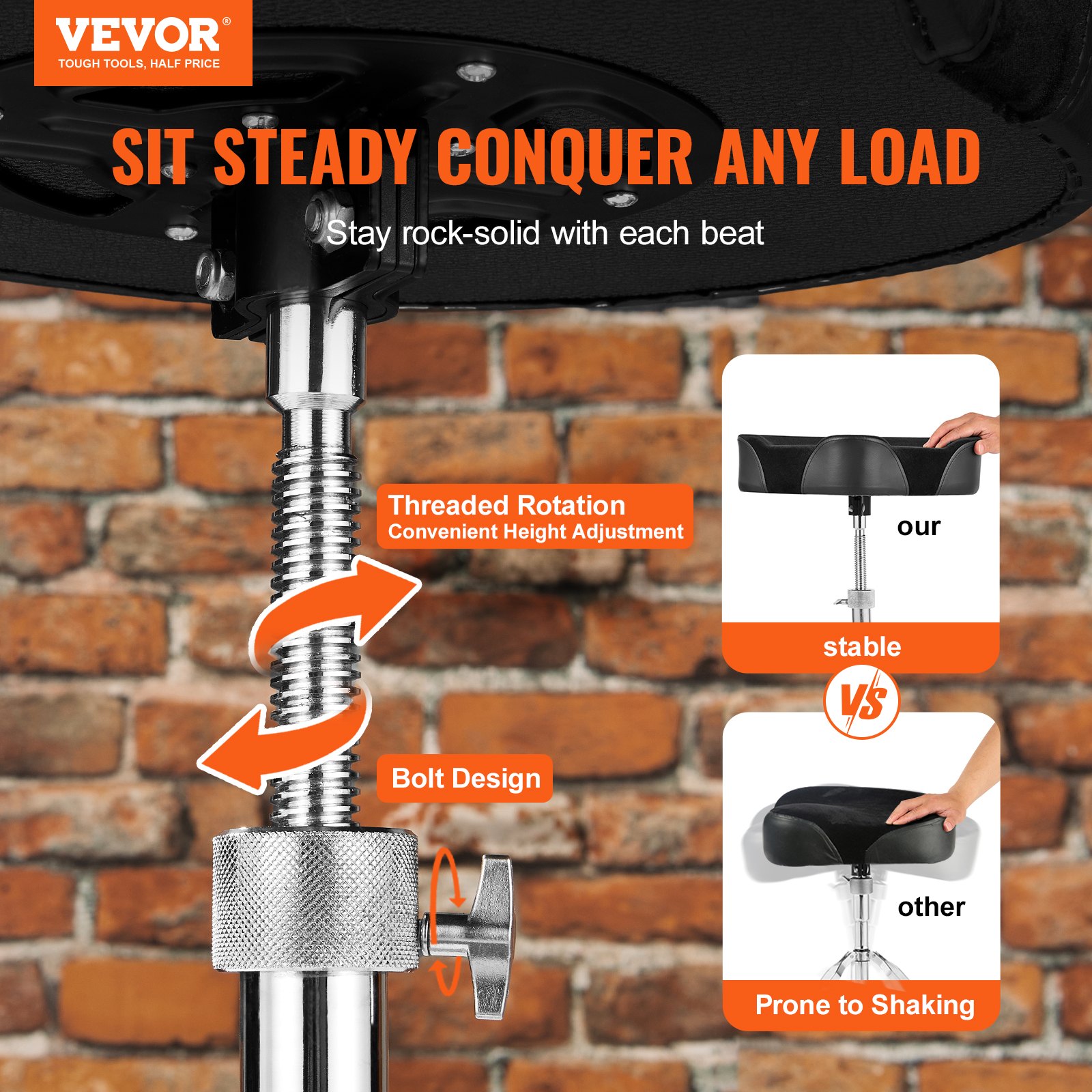 VEVOR Saddle Drum Throne, 560-705 mm Height Adjustable, Padded Drum Stool Seat with Anti-Slip Feet Drumsticks 227 kg Max Weight Capacity, 360° Swivel Drum Chair for Drummers