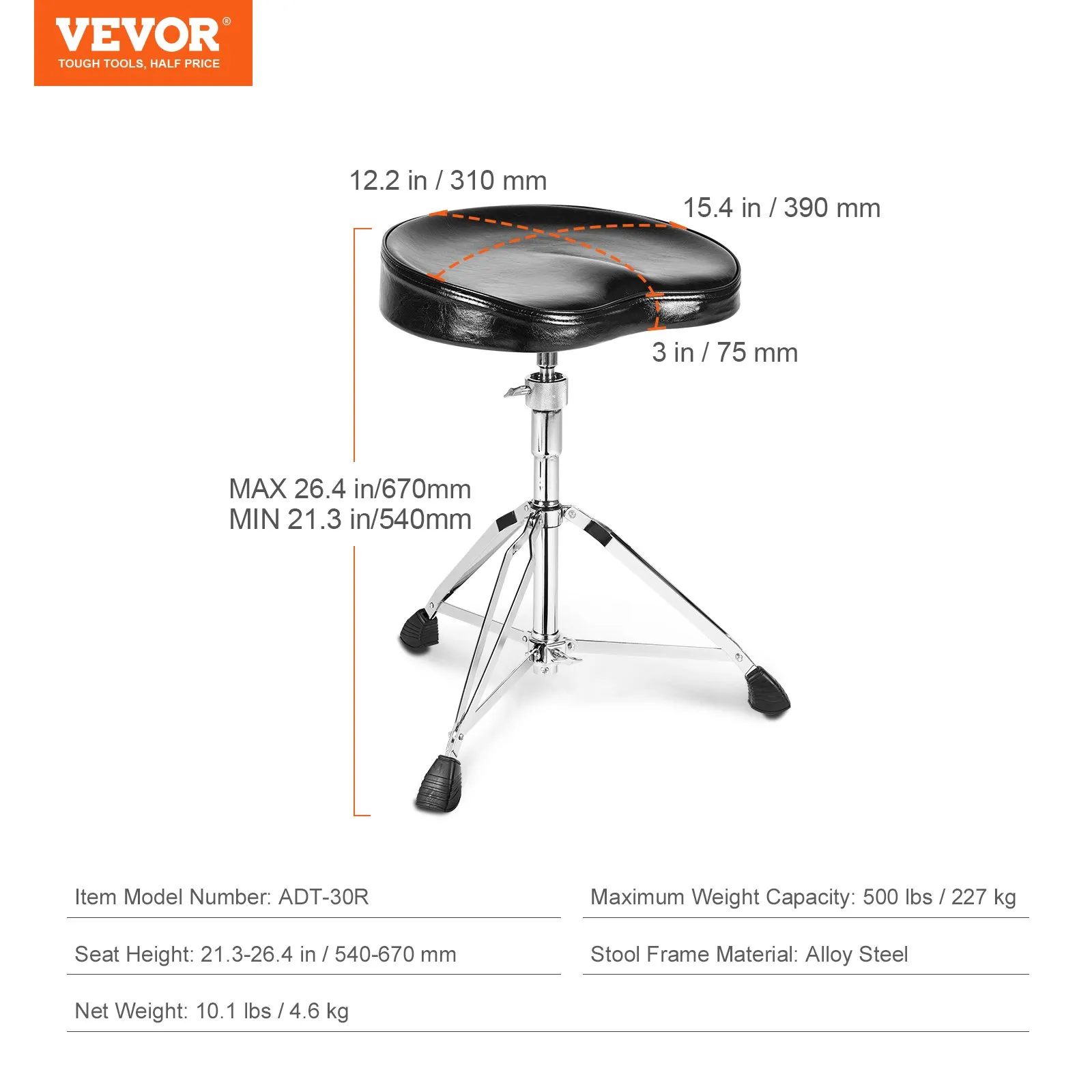VEVOR drum throne with adjustable height, alloy steel frame, and padded seat, max weight 500 lbs.