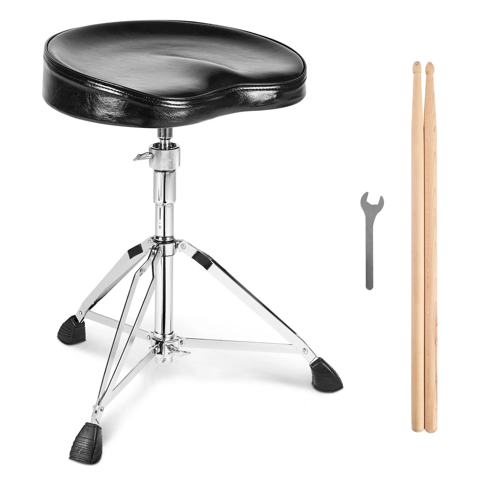 VEVOR drum throne with black cushioned seat, chrome tripod legs, drumsticks, and wrench included.