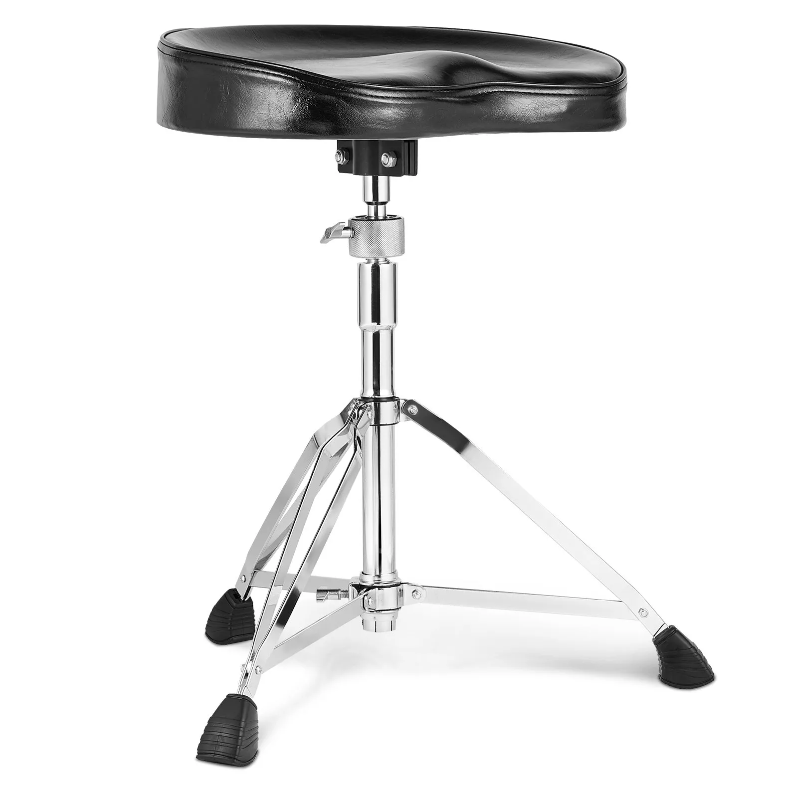 black cushioned VEVOR drum throne with adjustable height and chrome tripod base