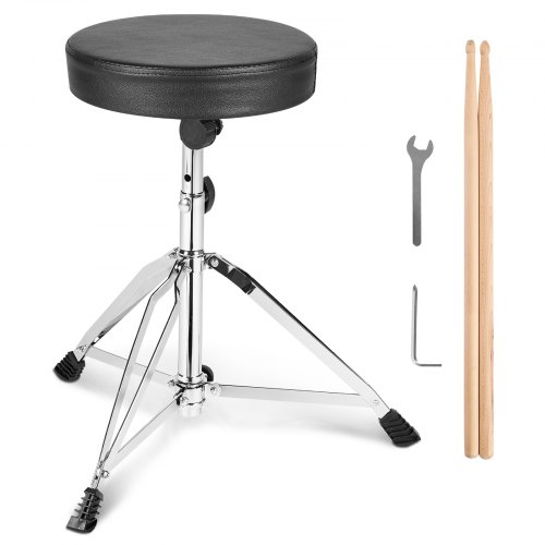 VEVOR Drum Throne, 490-585 mm Height Adjustable, Padded Drum Stool Seat with Anti-Slip Feet 5A Drumsticks 150 kg Maximum Weight Capacity, 360° Swivel Drum Chair for Drummers
