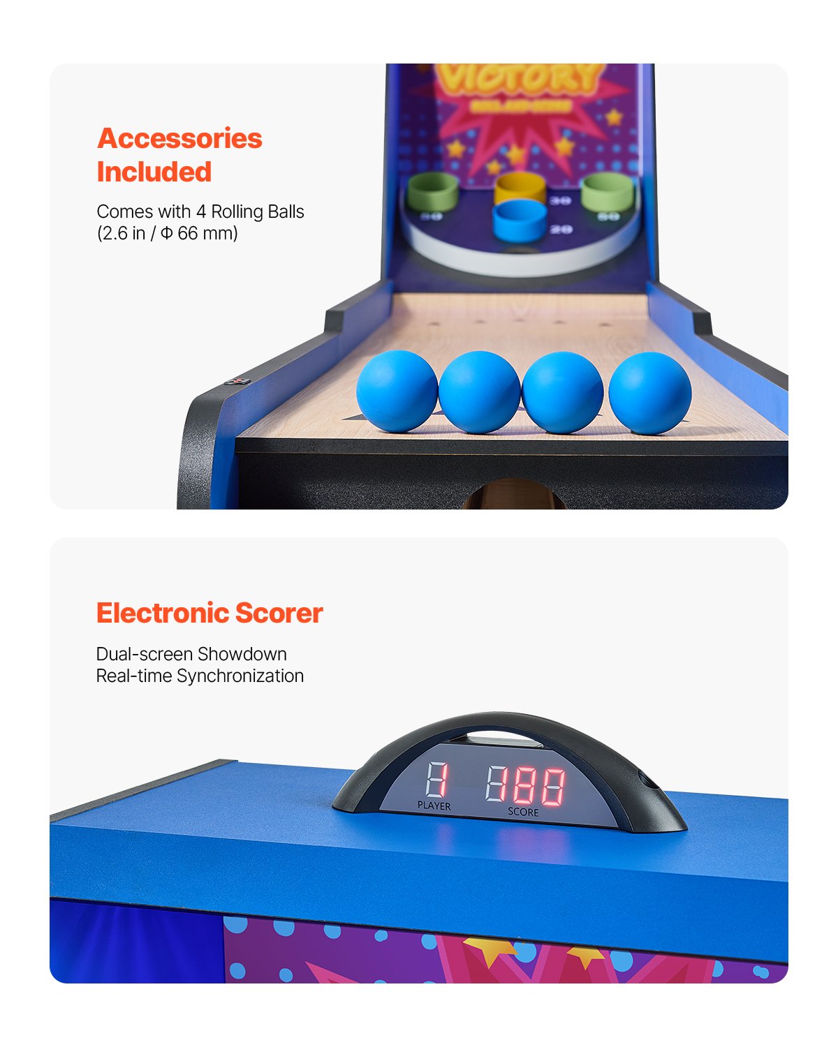 VEVOR 8' Roll and Score Classic Arcade Game Table, Arcade Machine Indoor with Electronic Scorer, Sound, Automatic Ball Return for Adults Kids Family Recreation Game Room, 4 Balls Included