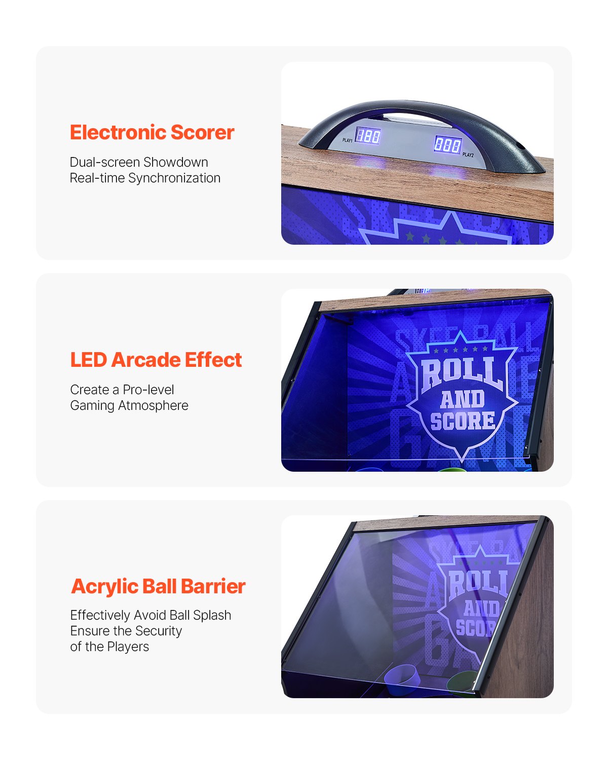 VEVOR 2.74m Roll and Score Classic Arcade Game Table, Indoor Skeeball Machine Game Set with LED Electronic Scorer, Sound, Automatic Ball Return for Adults Kids Home Recreation Game Room, 4 Balls Included