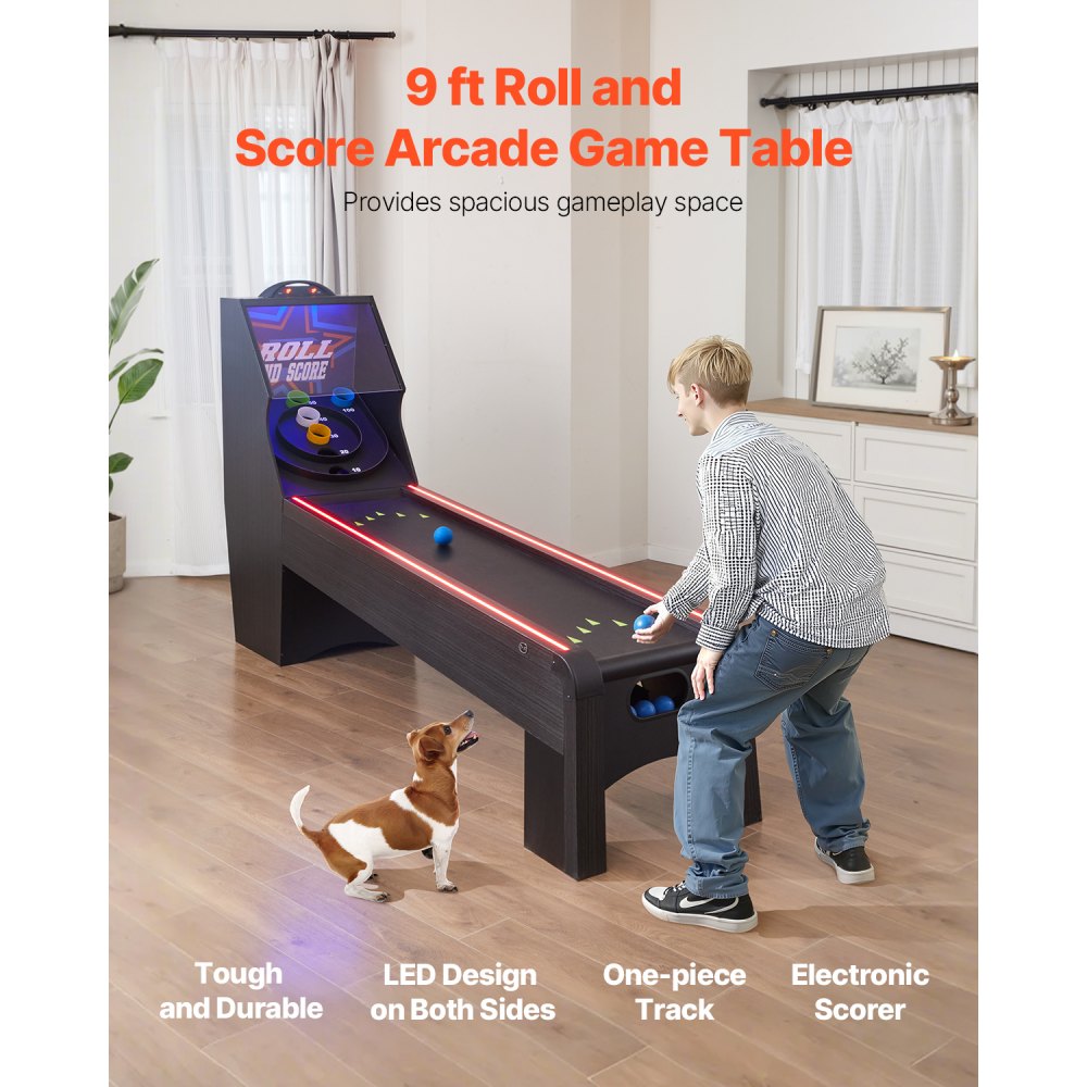 VEVOR 9' Roll and Score Classic Arcade Game Table,  with LED Electronic Scorer & Track Lighting, Sound, Automatic Ball Return, Adults Kids Home Recreation Game Room, 4 Balls Included