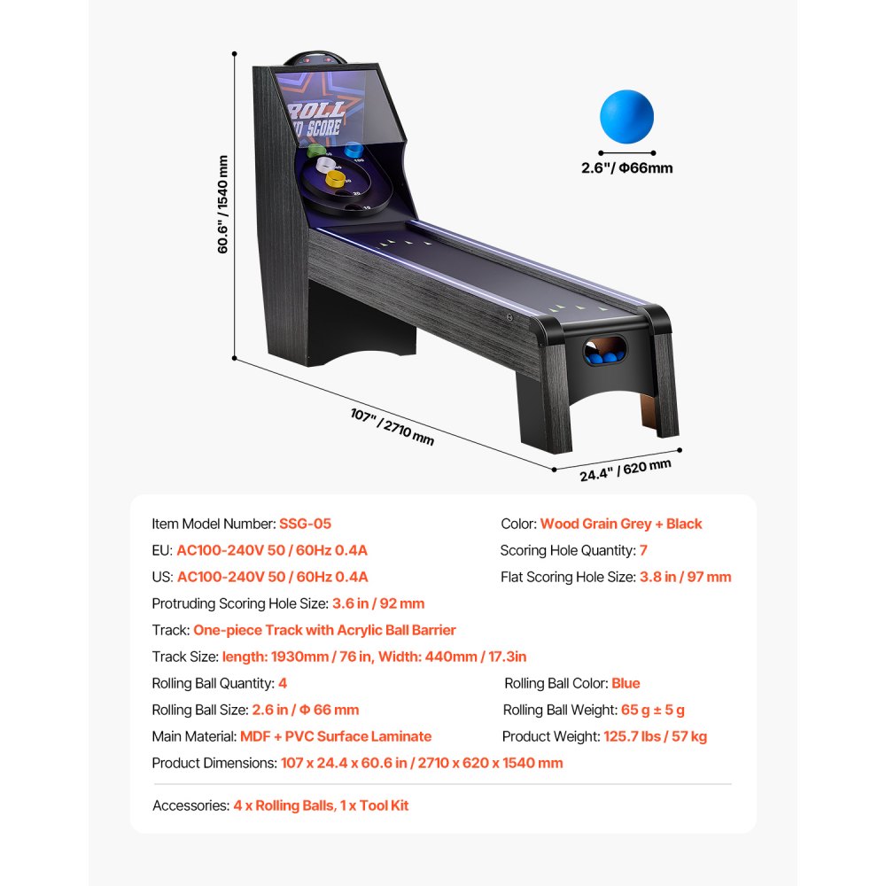 VEVOR 9' Roll and Score Classic Arcade Game Table,  with LED Electronic Scorer & Track Lighting, Sound, Automatic Ball Return, Adults Kids Home Recreation Game Room, 4 Balls Included