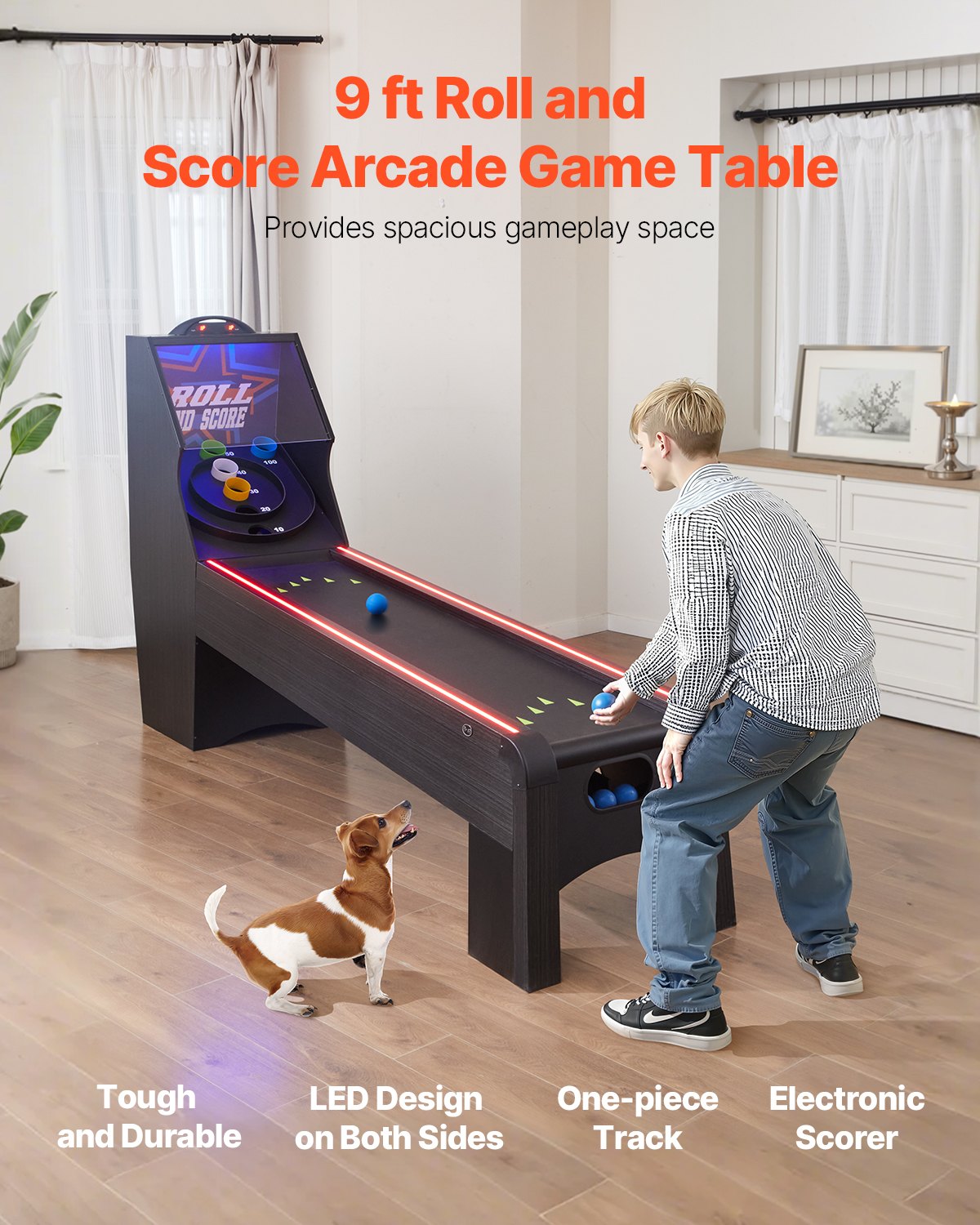 VEVOR 9' Roll and Score Classic Arcade Game Table,  with LED Electronic Scorer & Track Lighting, Sound, Automatic Ball Return, Adults Kids Home Recreation Game Room, 4 Balls Included