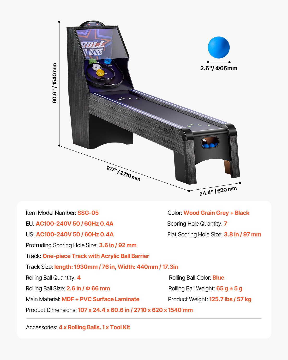 VEVOR 9' Roll and Score Classic Arcade Game Table,  with LED Electronic Scorer & Track Lighting, Sound, Automatic Ball Return, Adults Kids Home Recreation Game Room, 4 Balls Included