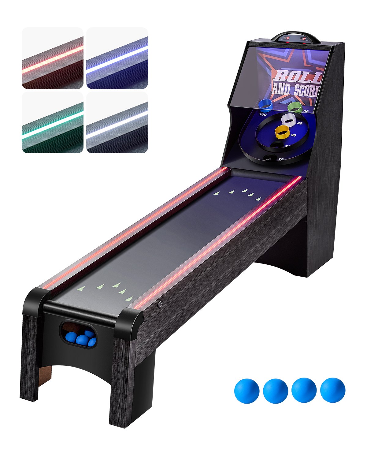 VEVOR 9' Roll and Score Classic Arcade Game Table,  with LED Electronic Scorer & Track Lighting, Sound, Automatic Ball Return, Adults Kids Home Recreation Game Room, 4 Balls Included