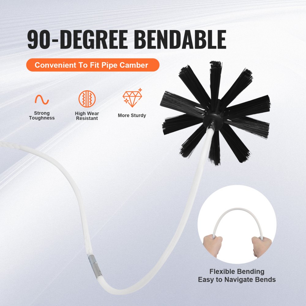 VEVOR dryer vent cleaner kit with 90-degree bendable brush, showcasing flexibility and durability.