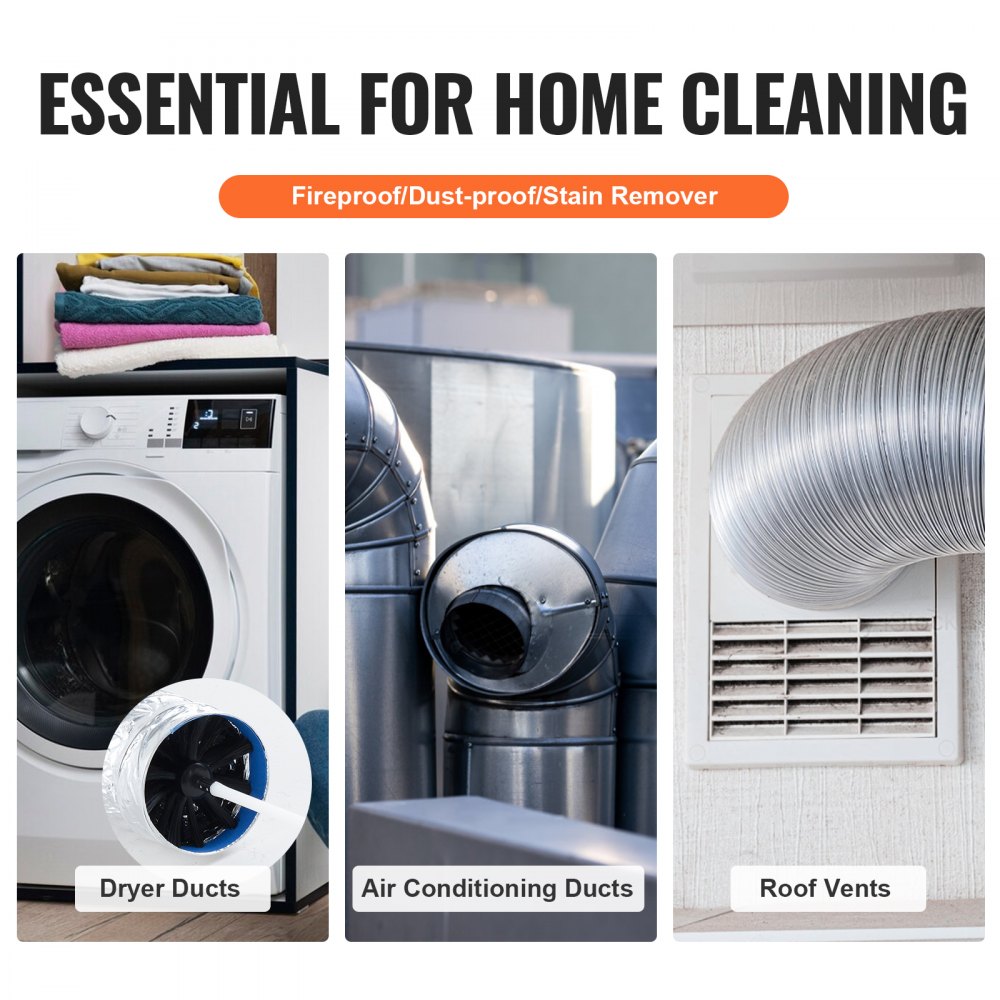essential home cleaning tools: dryer ducts, air conditioning ducts, roof vents. VEVOR dryer vent cleaner kit.