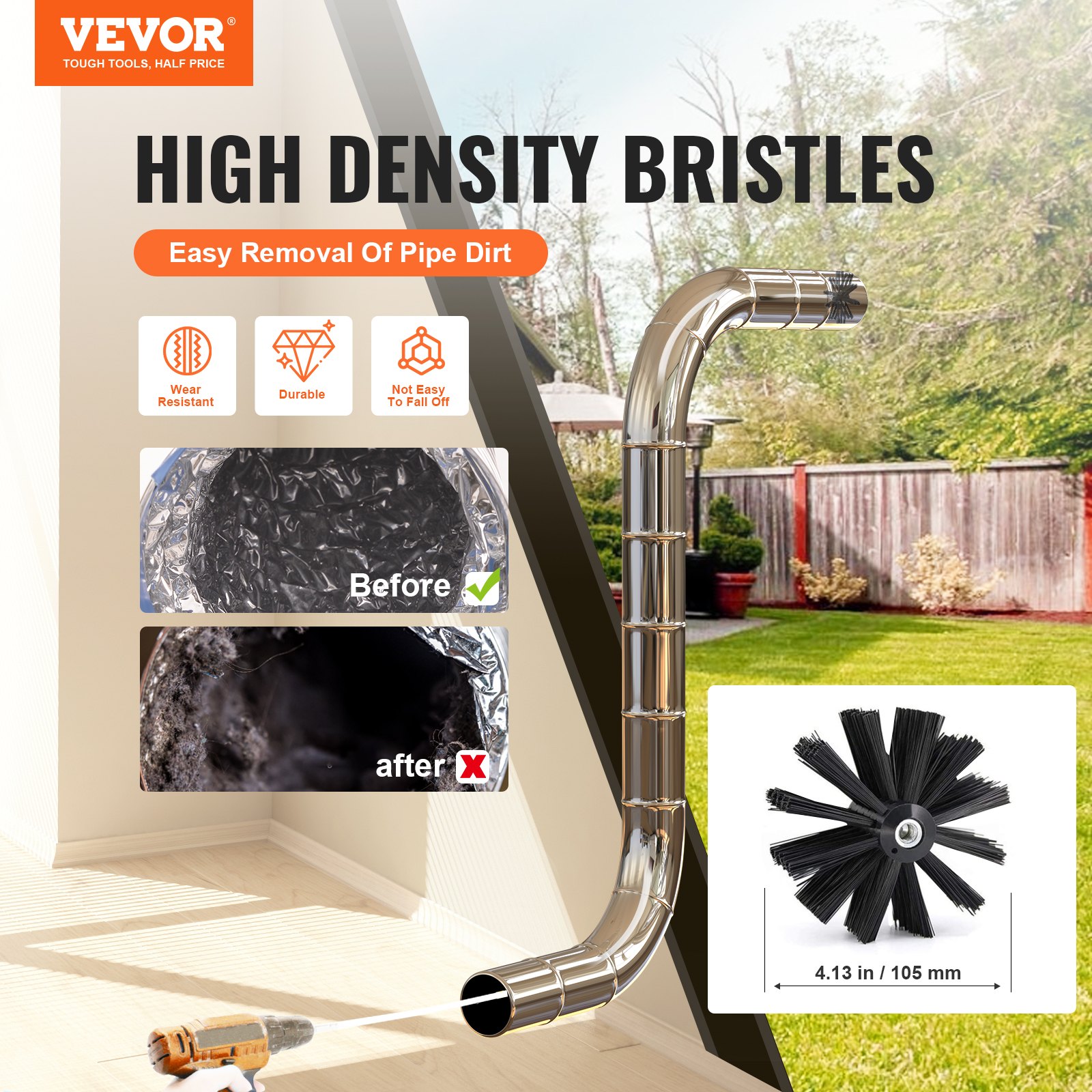 VEVOR dryer vent cleaner kit with high-density bristles for easy removal of pipe dirt and improved durability.
