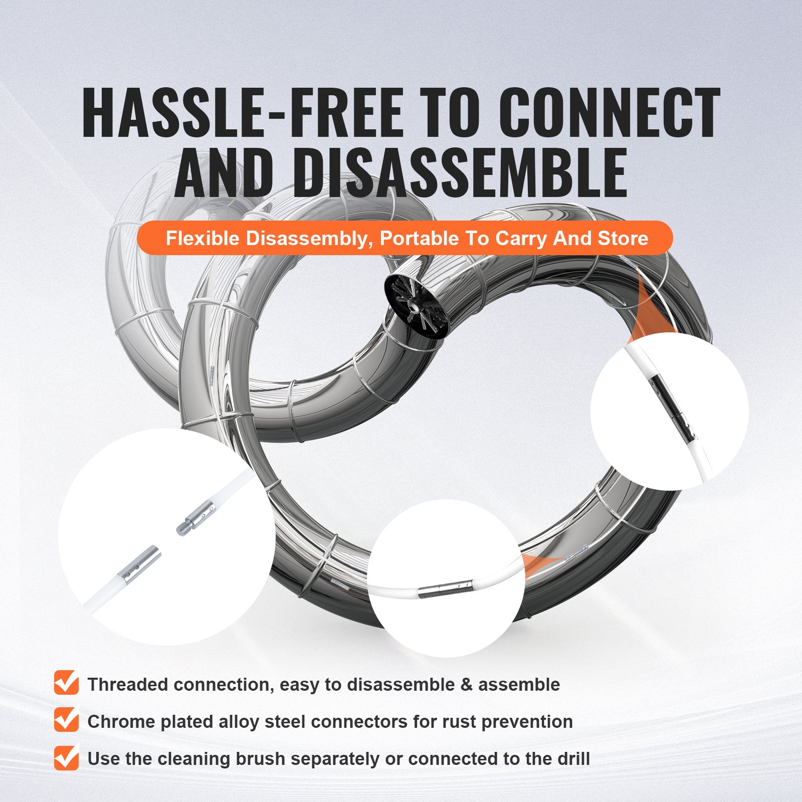 hassle-free VEVOR dryer vent cleaner kit with flexible disassembly, chrome connectors, and cleaning brush.