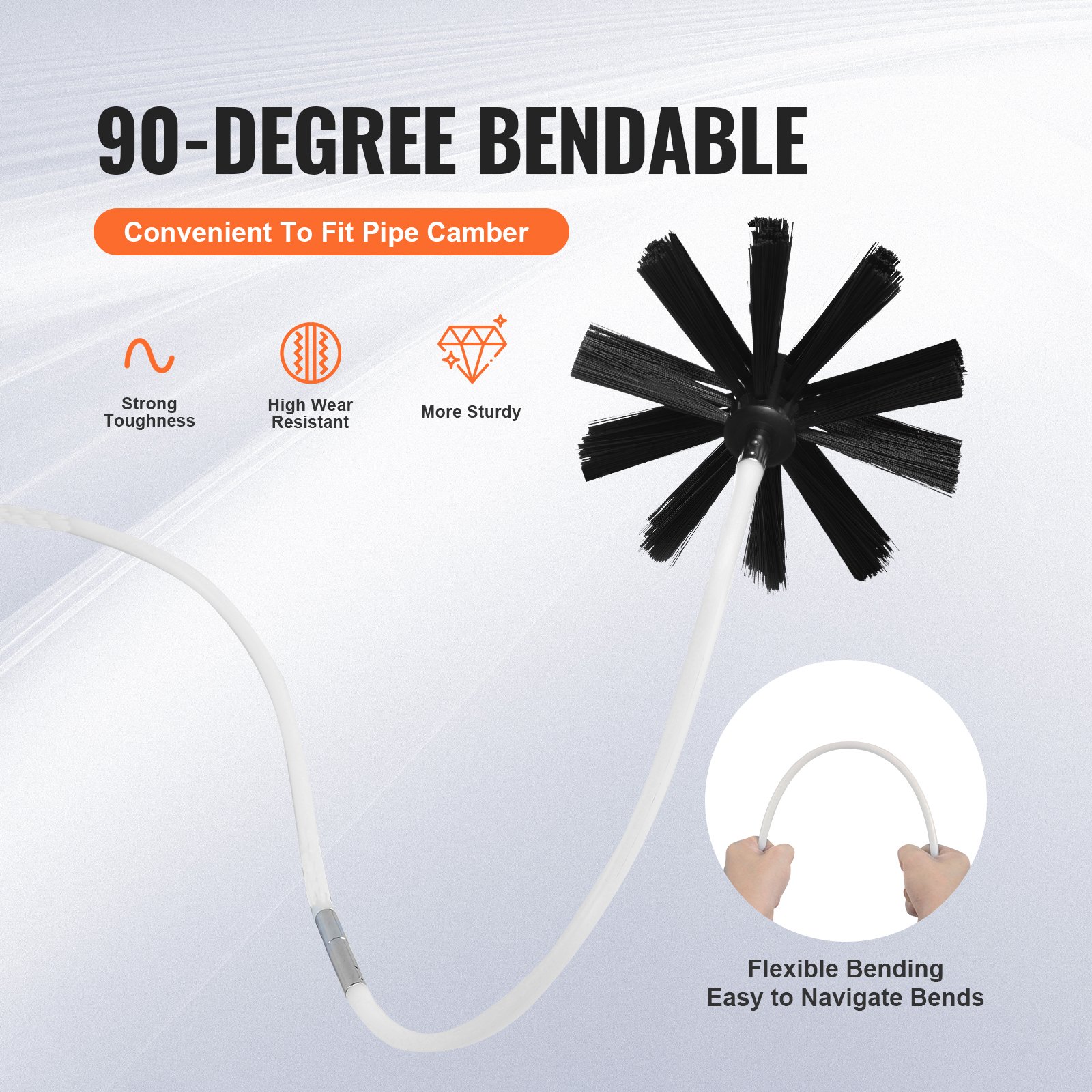 VEVOR dryer vent cleaner kit with 90-degree bendable brush, showcasing flexibility and durability.