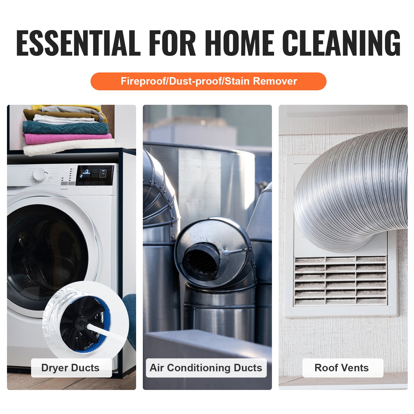 essential home cleaning tools: dryer ducts, air conditioning ducts, roof vents. VEVOR dryer vent cleaner kit.
