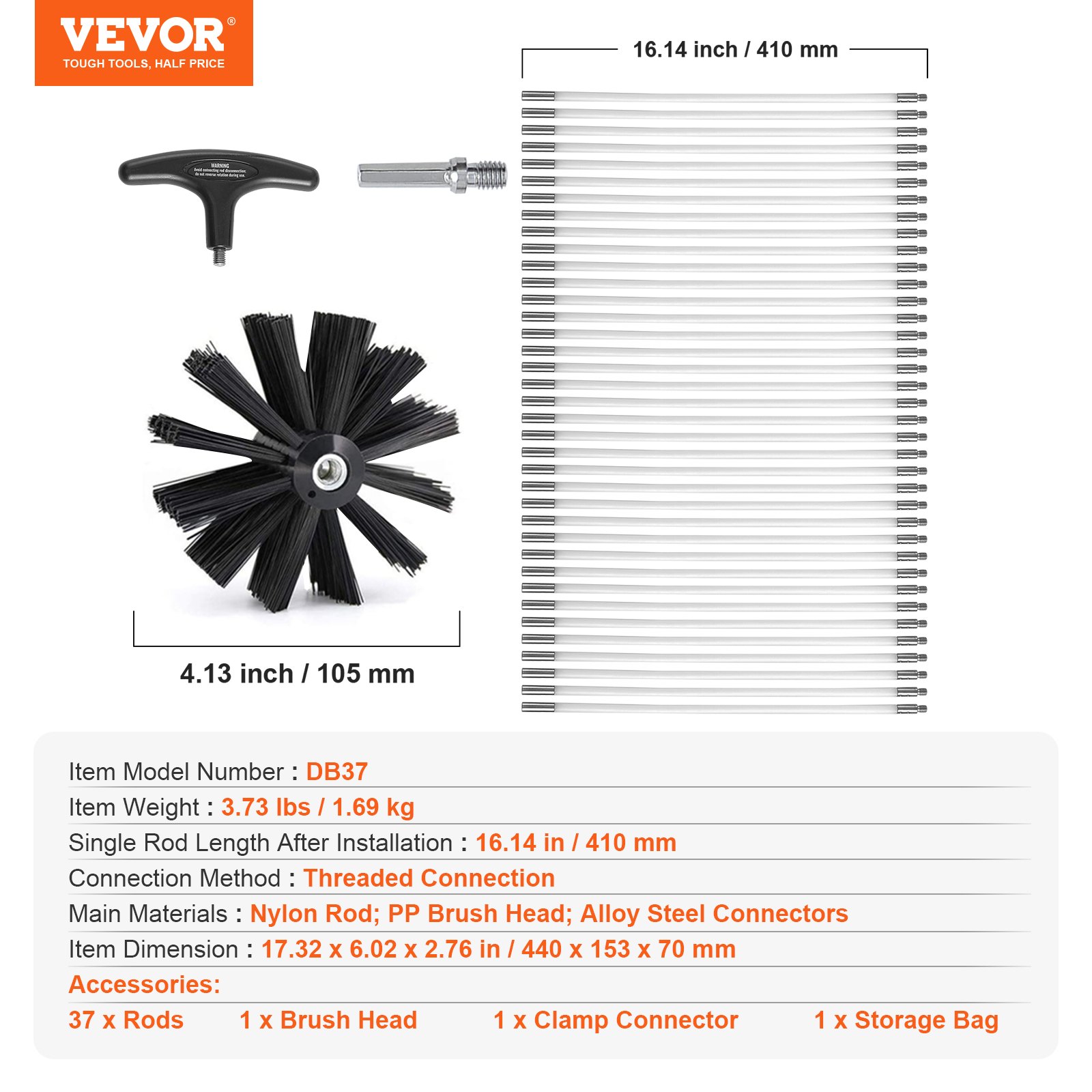 VEVOR dryer vent cleaner kit with 37 rods, brush head, clamp connector, and storage bag.