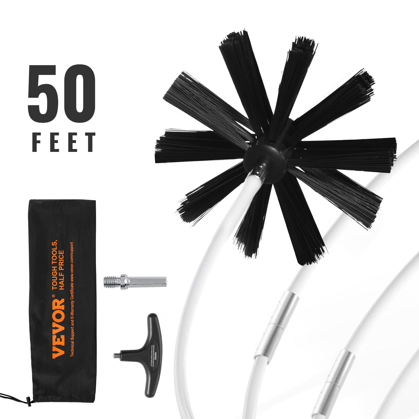 VEVOR dryer vent cleaner kit with 50 feet flexible rods, brush head, adapter, and storage bag.