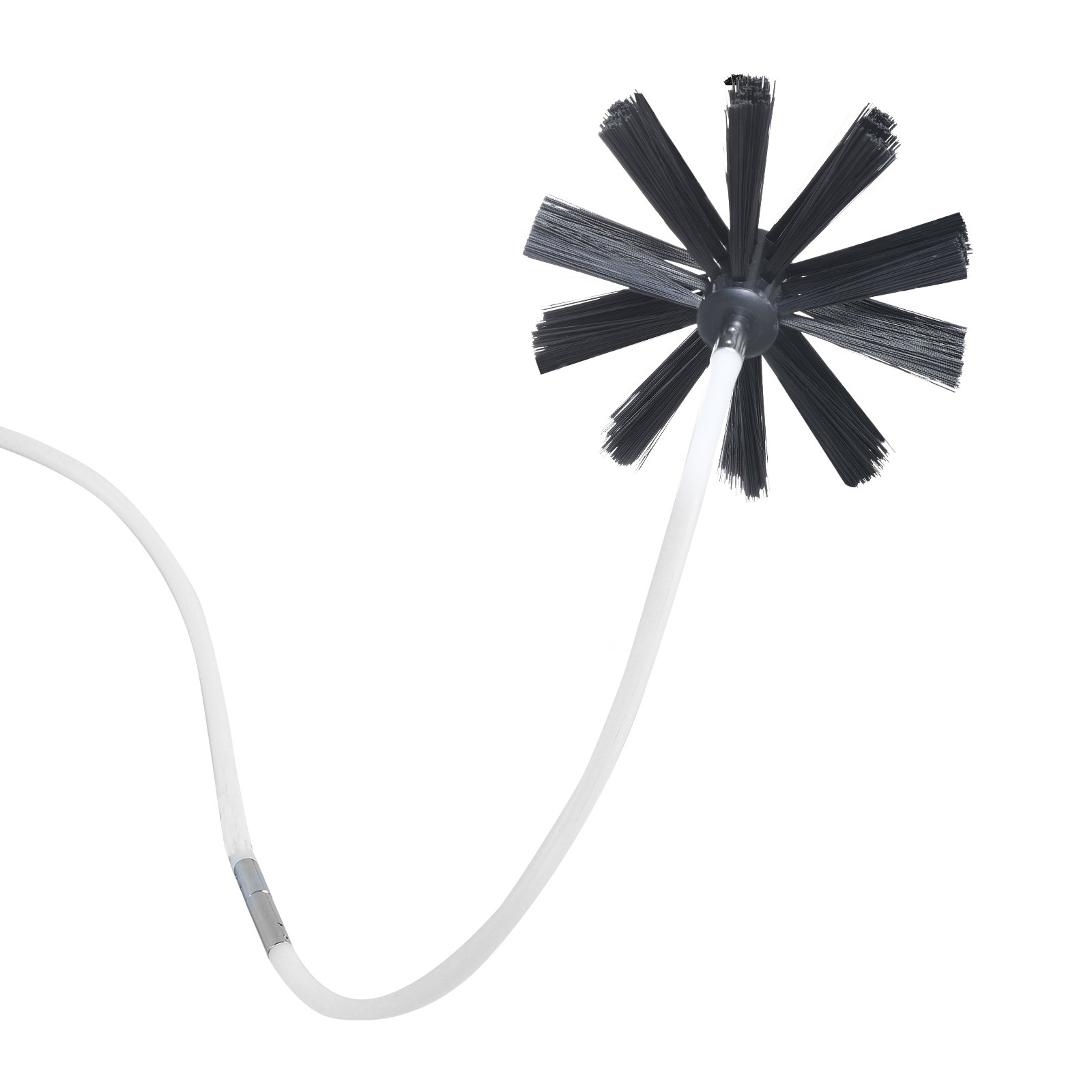 chimney brush attachment with black bristles and flexible white rod from VEVOR.